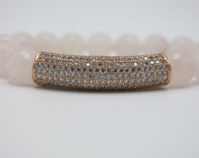 Glamorous natural healing pink rose quartz semi-precious stunning pave crystal tube beaded stretch bracelet! Brilliance from every angle!