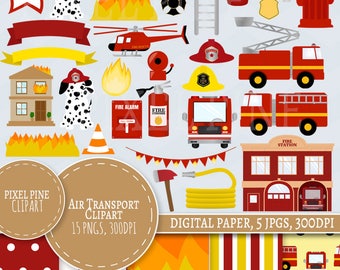 Firefighter Clipart Set, 32 PNGs, 5 Fire fighter Digital Paper JPGs, Commercial Use, Fireman clipart, fire truck clip art, fire engine pngs
