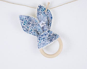 Teething ring baby, rattle, biological and liberty plush, rabbit ears, wooden ring