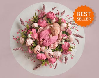 Floral Newborn Digital Backdrop. Attractive Newborn overlay with flowers. Digital background for baby girls. Photo JPG file