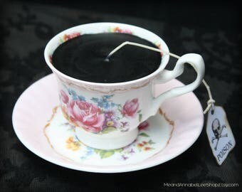 Victorian Gothic Black Tea Cup Candle - Pink Floral Bone China Cup & Saucer - Lavender Scented- Alice in Wonderland - Poison Tea Tag
