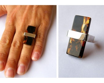 Geometric Amber Ring, Baltic Amber Jewelry, Sterling silver Ring , modern fashion
