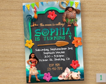 Moana Invitation Card, Moana Chalkboard Party, Disney Moana Invites, Princess Moana Custom Card, Personalized Moana Invitation Birthday