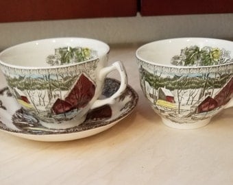 Johnson Bros The Friendly Village - The Ice House Two Flat Cups and One Saucer