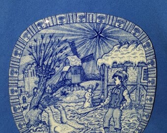 Julen Rorstrand G.N. Collectible Souvenir Hanging Plate Made In Sweden 1970, Winter Scene Of A Boy Herding His Geese, Windmill, Snowman