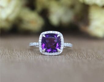 Favored 8mm Cushion Amethyst Ring in 14K White Gold,Half Eternity Diamonds/Wedding&Engagement Ring/Promise Ring/Anniversary Ring