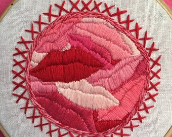 Lips and Kisses ,Hand Embroidery Lips,Embroidery Hoop,Hoop Art,Wall Art,Stitch Art,Door Art.