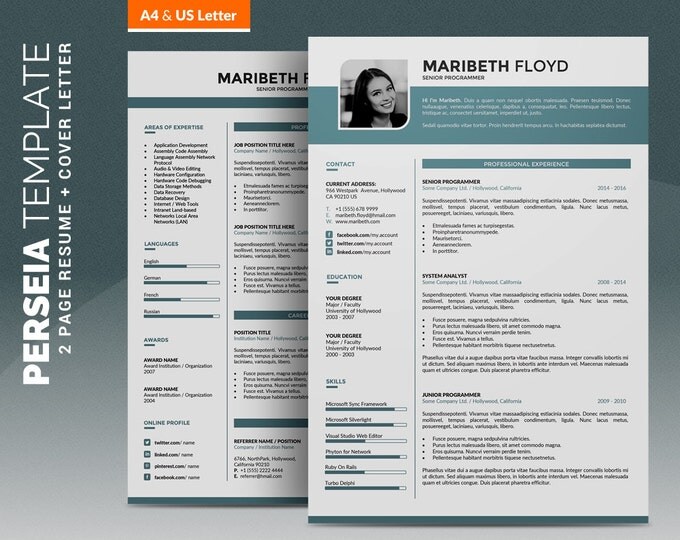 Professional Resume Template / CV Template, 2 Pages Creative Word CV Design + 1 Pages Cover Letter, Easy-to edit, Instant Download "Perseia"