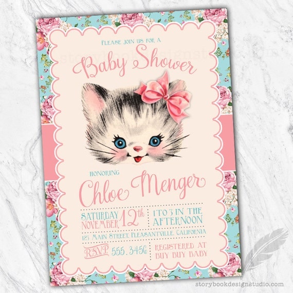 Vintage Kitten Baby Shower Invitations kitty cat floral