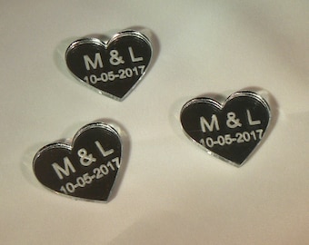Acrylic Hearts Mirror with initials and wedding date set of 10