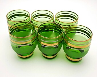 Set of 6 Green Drinking Glasses 3 oz Glass Glassware Vintage from the 70s bar barware