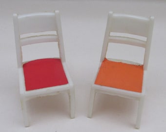 Vintage Plastic Dolls House Miniature White Chairs with Coloured Seats