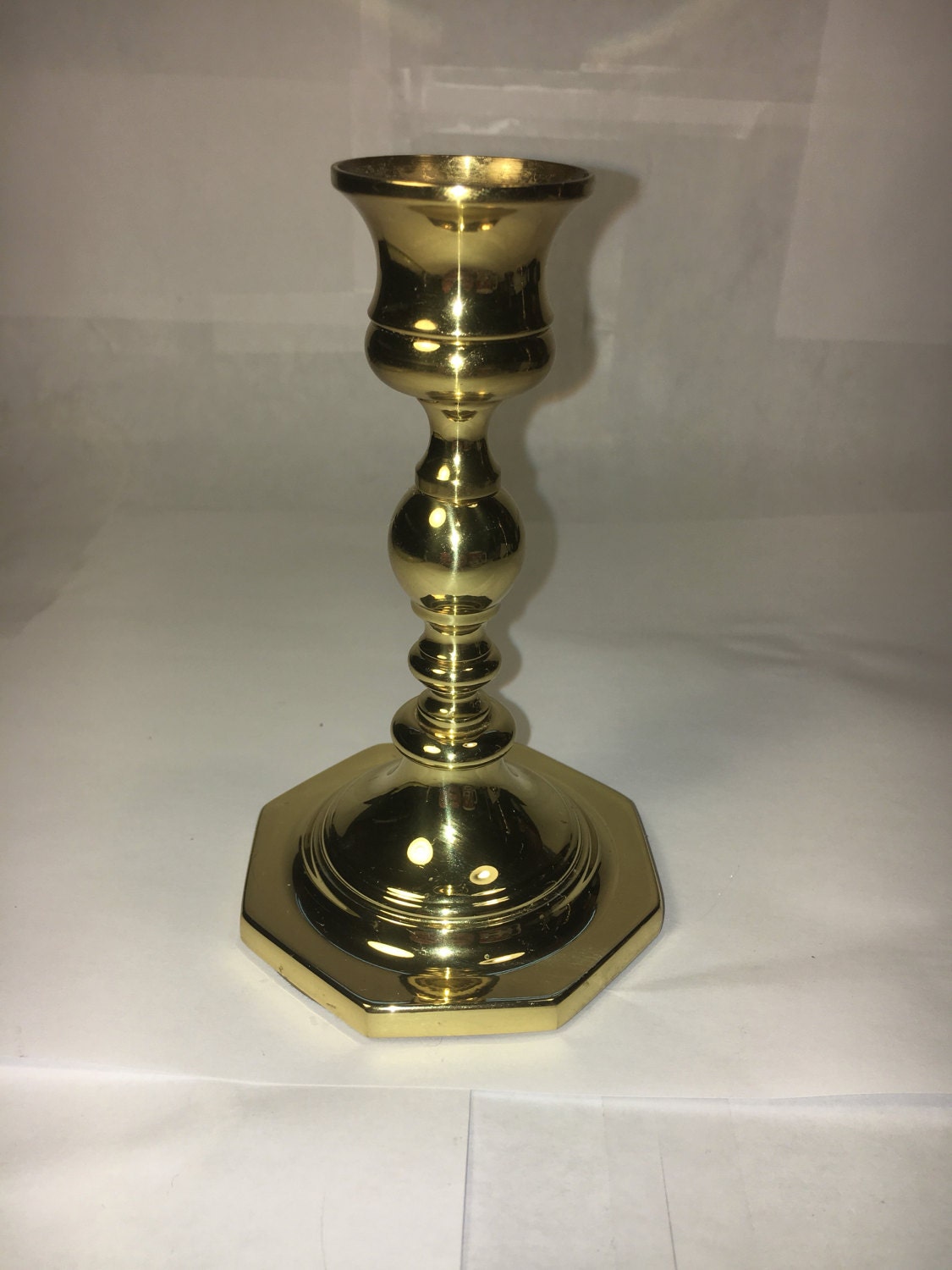 VTG Baldwin Brass Candlestick Holder Polished Brass Octagon Base Rolled Stem Straight Wax