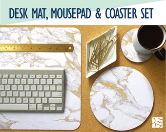 White Marble and Gold Print Desk Mat, Mouse Pad & Coaster Set -Desk Accessory Set