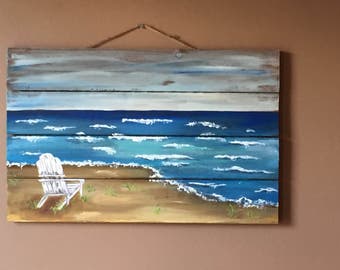 Hand Painted Beach Scene On Wood Pallet 17x11 Hand Painted Beach Scene On Wood Pallet 17x11