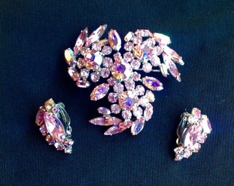 Vintage signed Sherman Pink AB Brooch + Earrings
