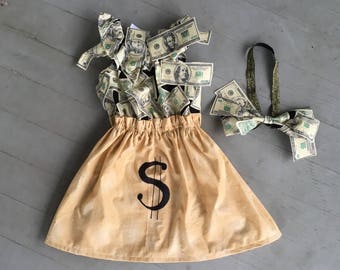 Money Bag tycoon Halloween costume baby child girl women cosplay wealthy cash bank teller Wall Street financial advisor investor finances