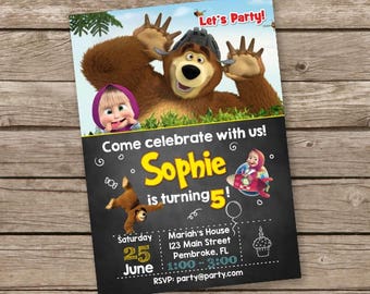 Masha and the Bear Invitations, Masha Birthday Invites, Masha and Bear Printable Party Invitation, Masha Pool Party, Masha and Bear Theme