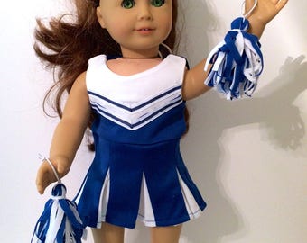 18 Inch Doll Clothes Blue and White Cheerleading Outfit Dress and 2 Pom Poms Also Fits American Girl Doll Clothes