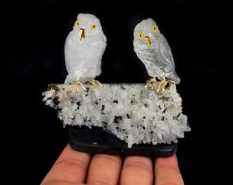 Crystal Quartz Owls on Crystal Quartz with Galena and Pyrite Specimen