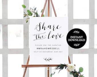 Share the Love Hashtag Sign INSTANT DOWNLOAD Editable PDF, Wedding Hashtag Sign, Hashtag Printable Template, Oh Snap - Lilly