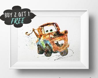 Disney Cars Art Print Poster, Tow Mater Cars Wall Art Nursery Decor Printable, Watercolor Instant Download, Printable Gift Kids Room Decor