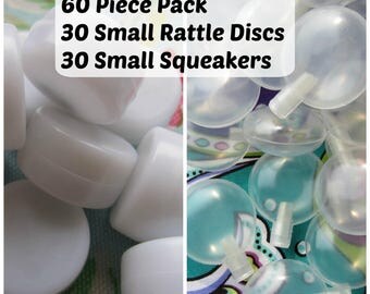 Rattle Inserts. 60 Small Noise Makers. 30 each Small Rattle Disc, Small Squeaker. Soft toy making inserts. DIY Craft Supplies.