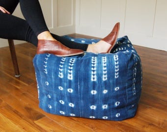 Authentic Indigo Mudcloth Pouf, Bohohemian Bean Bag