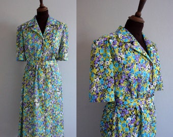Green and Blue Floral 1960s Shirtwaist Dress / Vintage Summer Dress