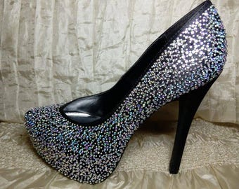 women's high heels shoes, women's pumps, embellished shoes, customised shoes, black heels,