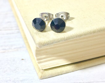 Black Rhinestone Stud Earrings, Small Black Rhinestone Studs, Black Glass Studs, Black Earrings, Surgical Steel Studs (HJ4)