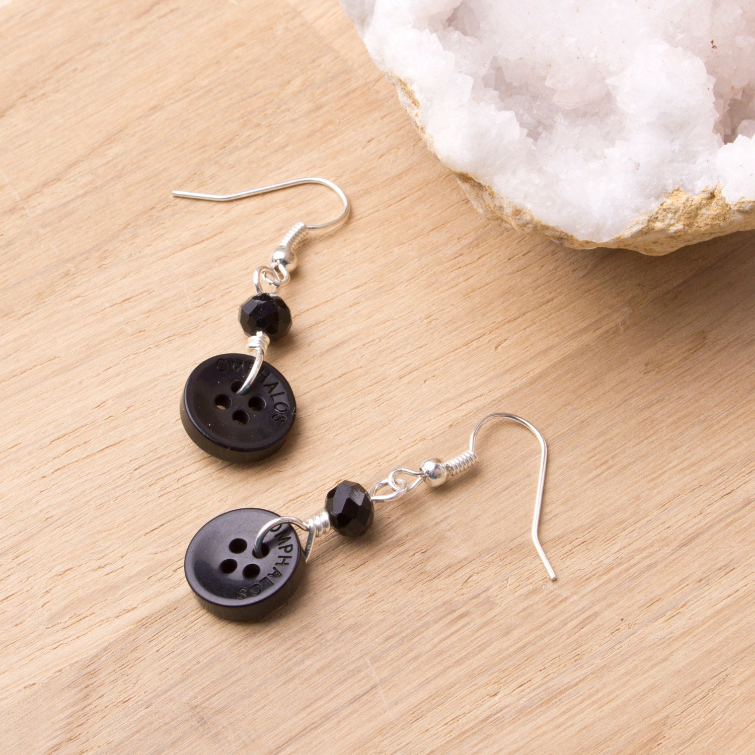 Black button earrings with black beads Button jewellery