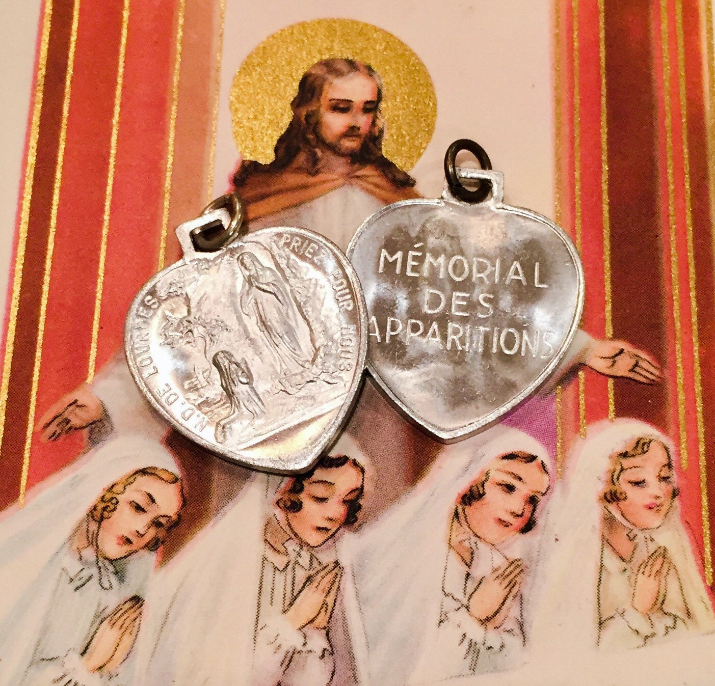 2pcs LOURDES SOUVENIR MEDALS Vintage Religious Hearts Memorial