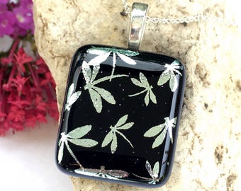 SALE Dichroic Glass Pendant Black & Silver Dragonfly - Studio Clearance