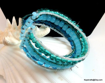 Blue Bead Cuff Bracelet, Vintage Bracelet, 7 Strand Bead Bracelet, Adjustable Bracelet, Gift For Her