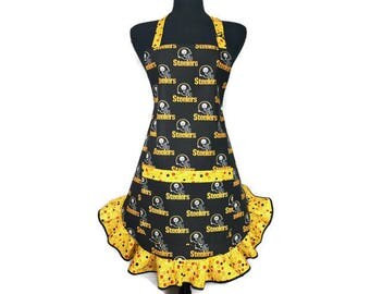 Pittsburgh Steelers Apron for Women , Retro Style Yellow Ruffle, Adjustable with Pocket , Football Kitchen Decor