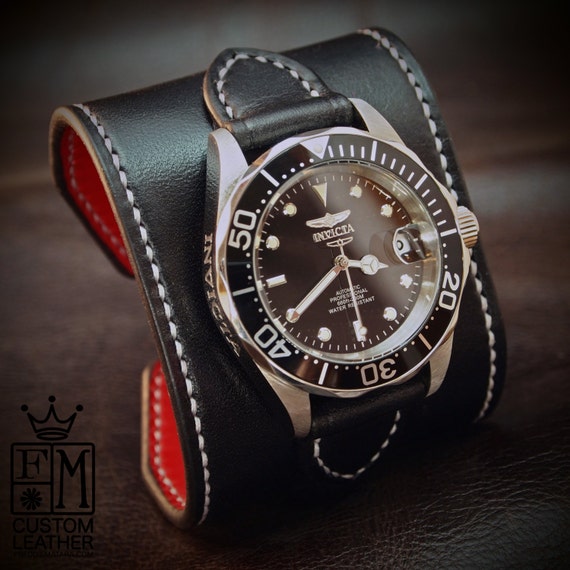 Black Leather cuff watch INVICTA diver watch 2.25" wide Black leather- Red calf lined Custom made for YOU in NYC by Freddie Matara