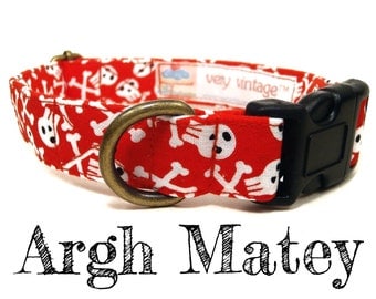 Skull Dog Collar - Pirate Dog Collar - Boy Dog Collar - Antique Brass Hardware - "Argh Matey"