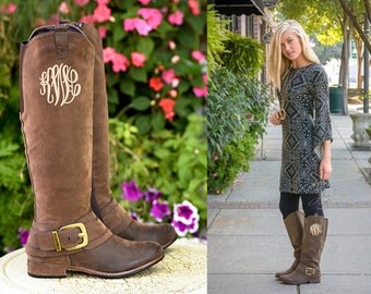 Monogrammed Boots in Master Circle Font - Personalized Womens Boots, Vegan Leather Boots, Monogram Cowboy Boots