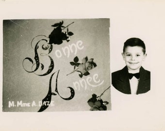 vintage photo 1945 HAndsome Little Boy Bonne Annee Happy New Year Roses RPPC