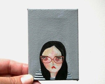 original small painting, canvas painting, mini painting, girls with glasses, back to the sadness