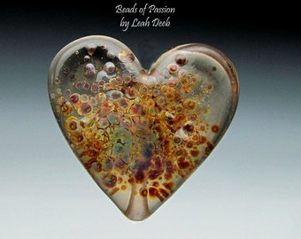 Handmade Glass Beads of Passion Heart Focal - 3pc Unique Speckled Chunky Amber