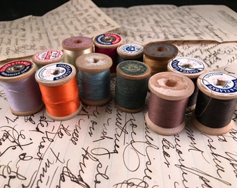 Lot of 12 Vintage Wooden Spools of Thread
