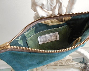 SALE Girl scout canvas large utility pouch, mini clutch - forest green - eco vintage fabrics