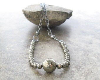 pyrite and silver necklace, minimalist silver necklace, oxidized silver necklace, rustic pyrite necklace, minimalist pyrite necklace