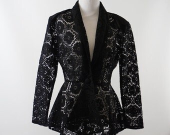 Vintage 1980s Black Lace Peplum Jacket B40 W28