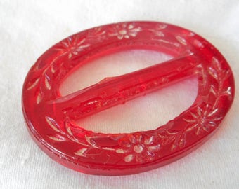 VINTAGE Back Crved Flower Red Glass Slide BUCKLE
