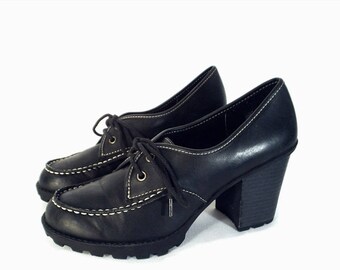90's vintage lace-up OXFORD shoes // platform chunky heel shoes // lug-sole shoes off-black size 7