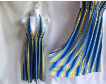 Vintage 70s Halter Dress Size S Blue yellow stripe terry Disco Swim Beach 60s