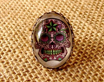 Sugar Skull Ring - Purple and Lime - Adjustable Ring - Dia de los Muertos - Day of the Dead Ring - Sugar Skull Jewelry - Purple and Green